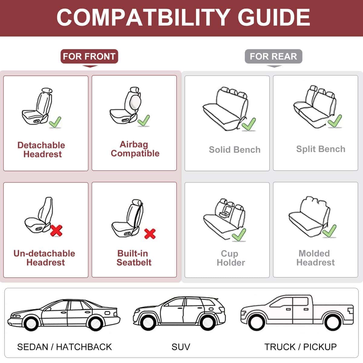 Cubiertas de Asiento para Automóvil BWTJF, -Rojo Vino - Imagen 9