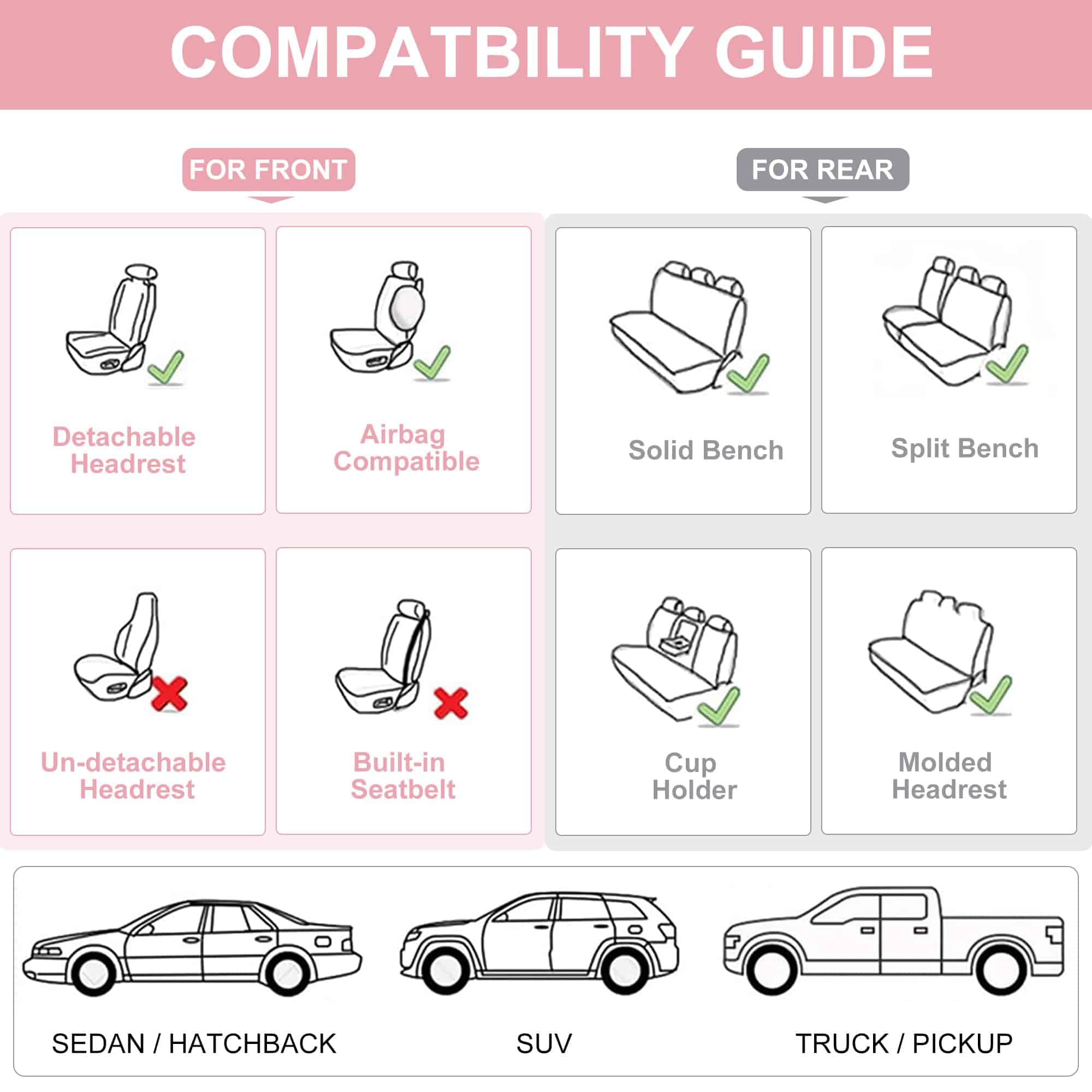 Cubre Asientos de Auto Rosa BWTJF, Juego Completo de Fundas - Imagen 9