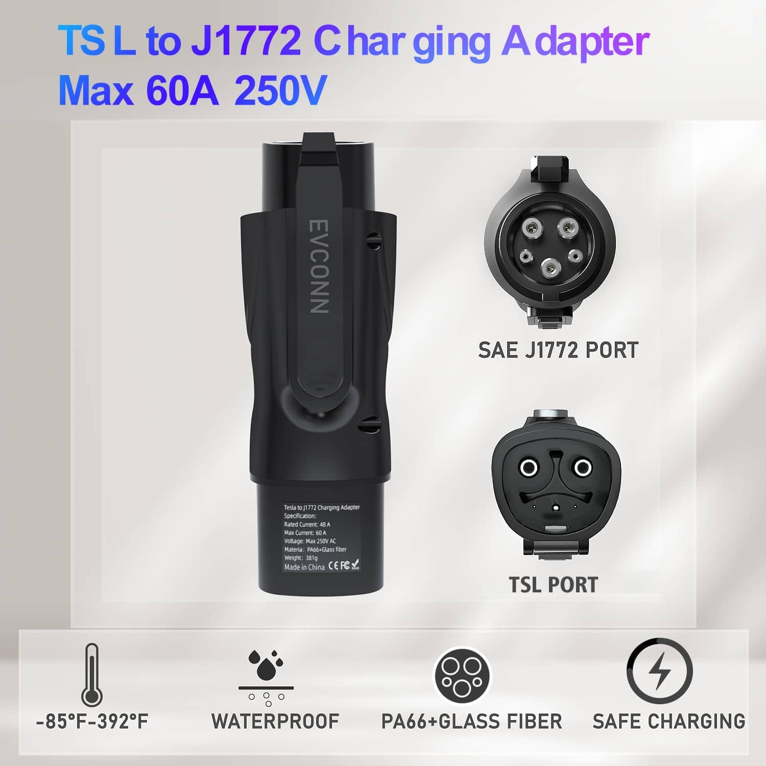 Adaptador EVCONN TSL a J1772, Material PA66 y Fibra de - Imagen 3