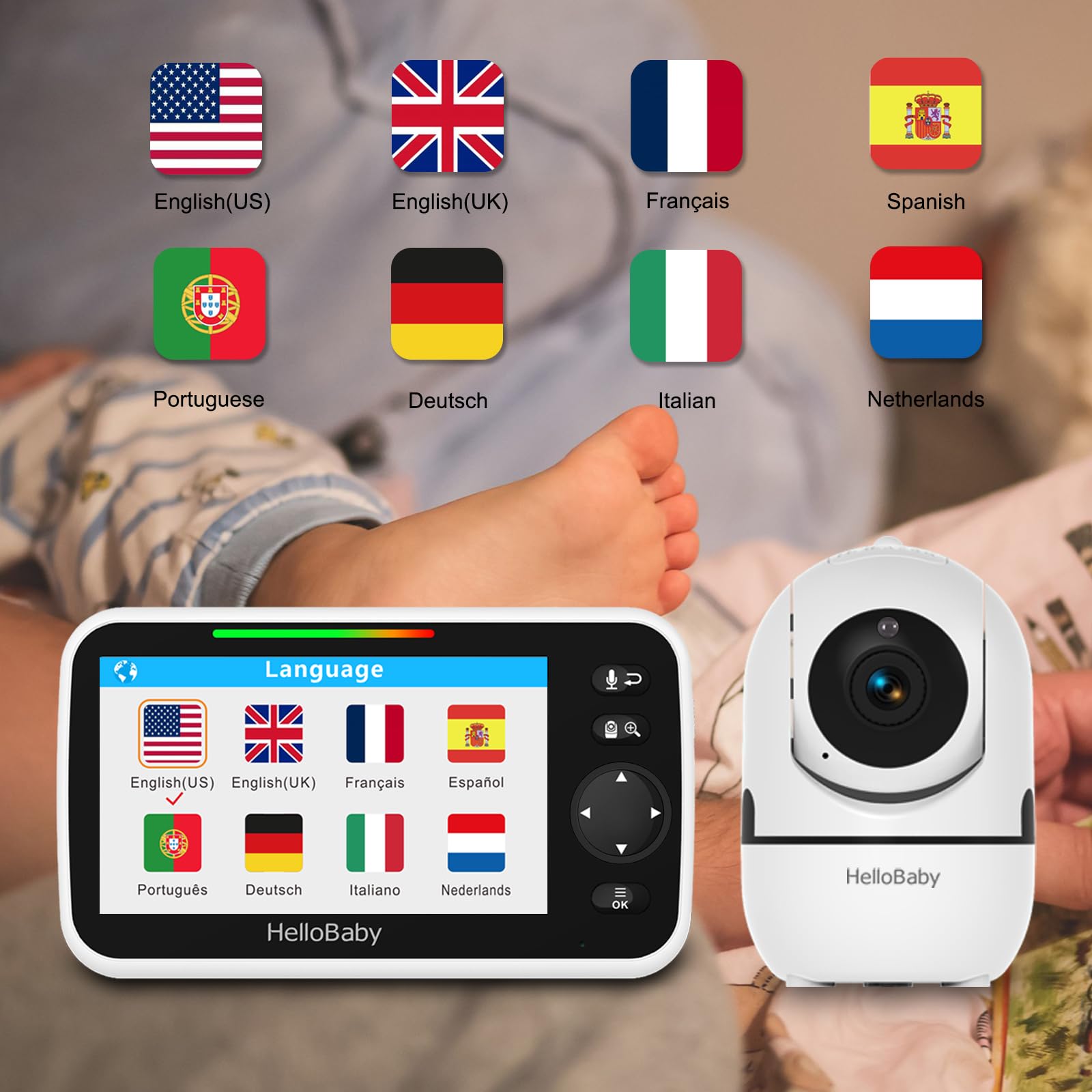 Monitor de Bebé HelloBaby, Pantalla de 5'' con Batería de - Imagen 8