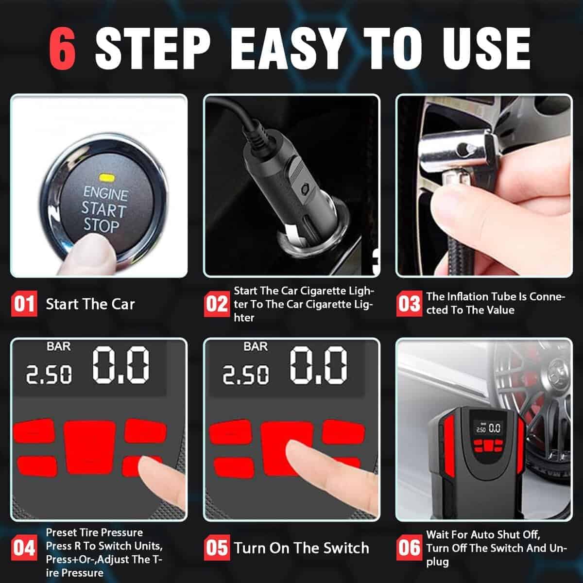 Inflador de neumáticos LONLEEYU, Bomba de compresor de aire - Imagen 6