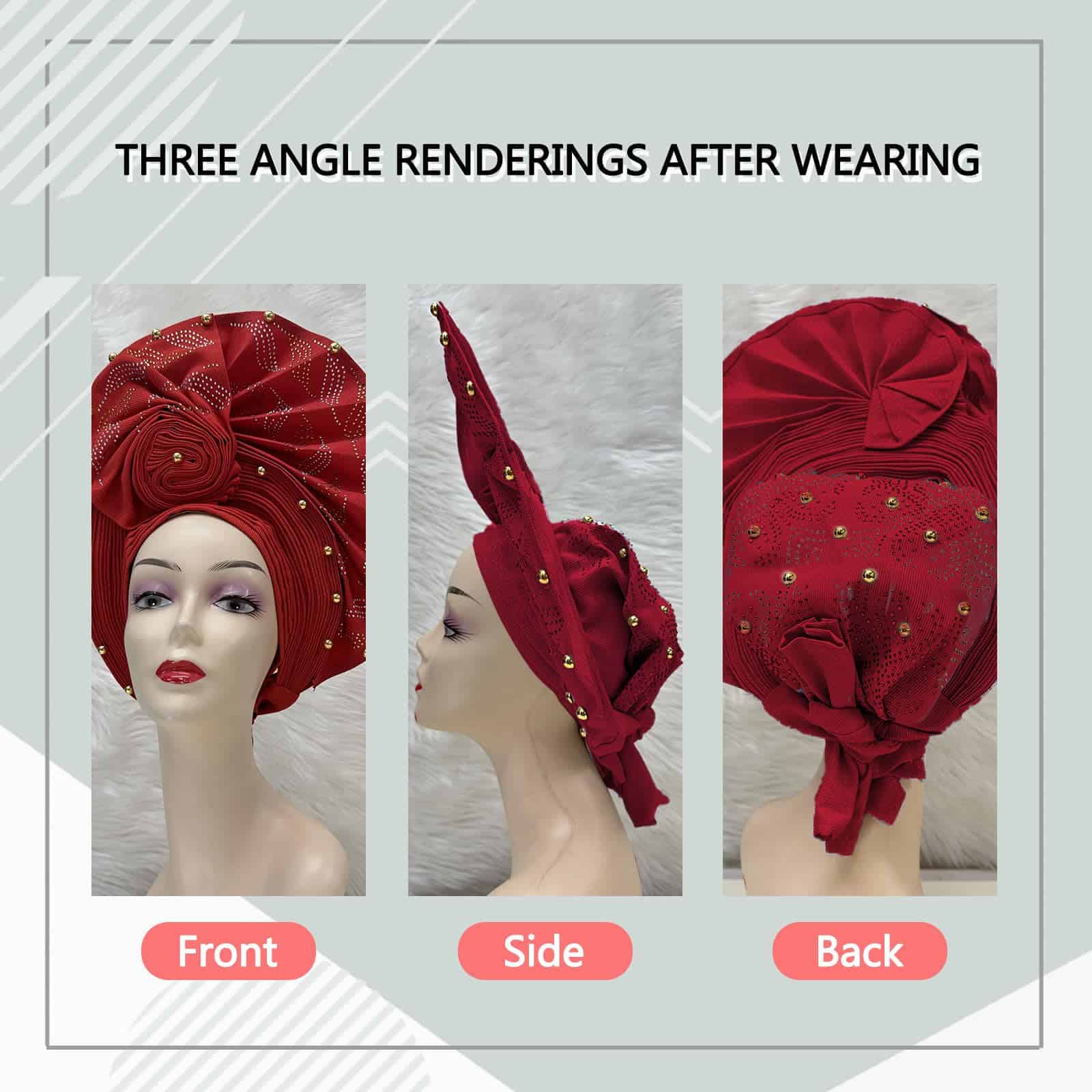 QliHut Nigerian Headtie African Head Wraps Auto Gele Rojo - Imagen 5