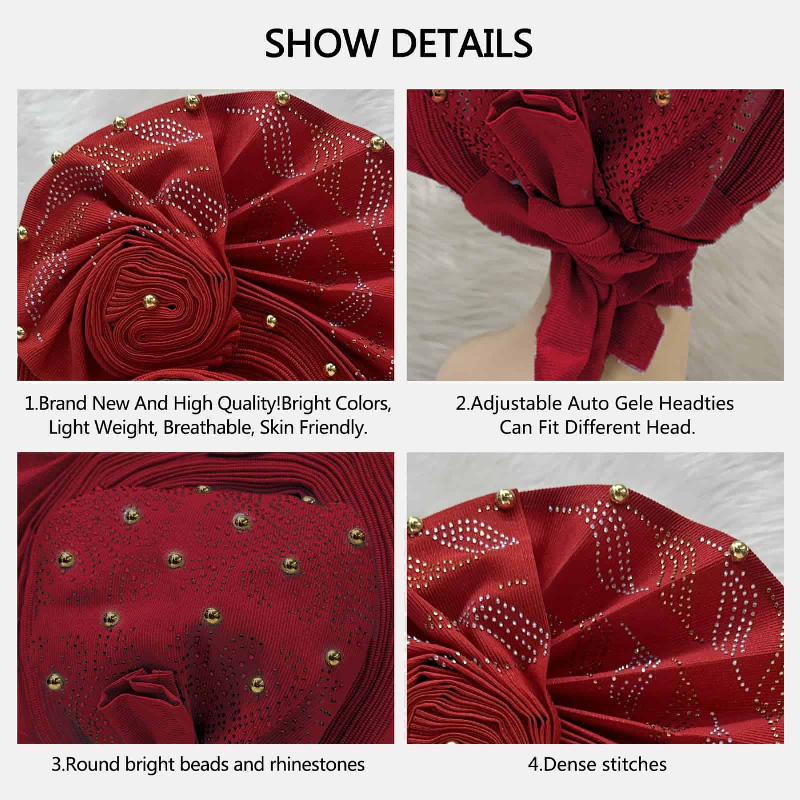 QliHut Nigerian Headtie African Head Wraps Auto Gele Rojo - Imagen 4