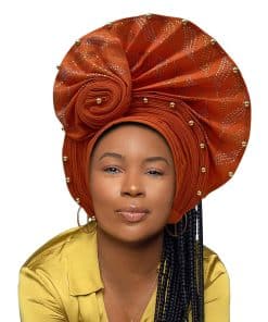 Pañuelo de cabeza de lujo Aso Oke -Naranja