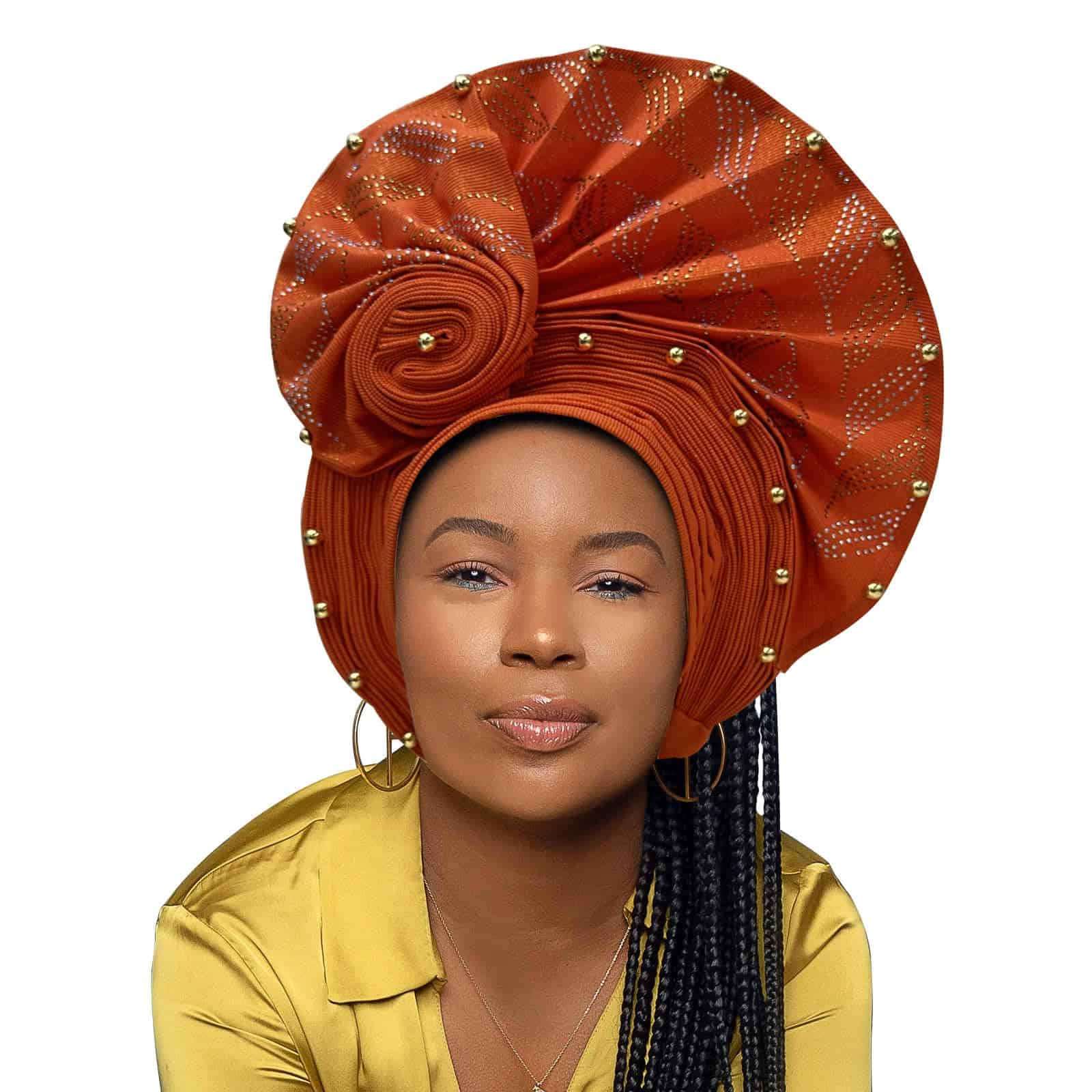 Pañuelo de cabeza de lujo Aso Oke -Naranja