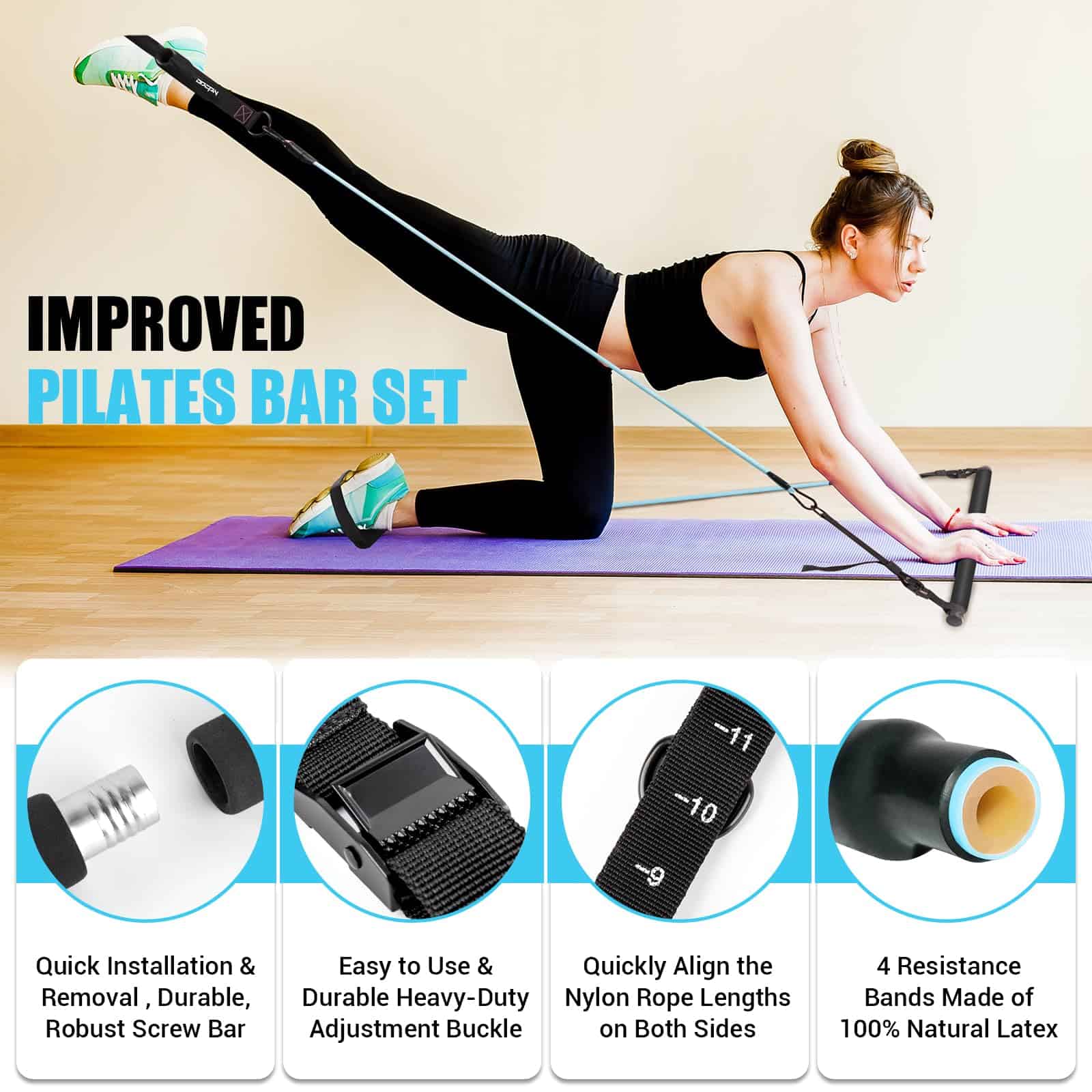Kit de Barra de Pilates con Bandas de -Negro - Imagen 3