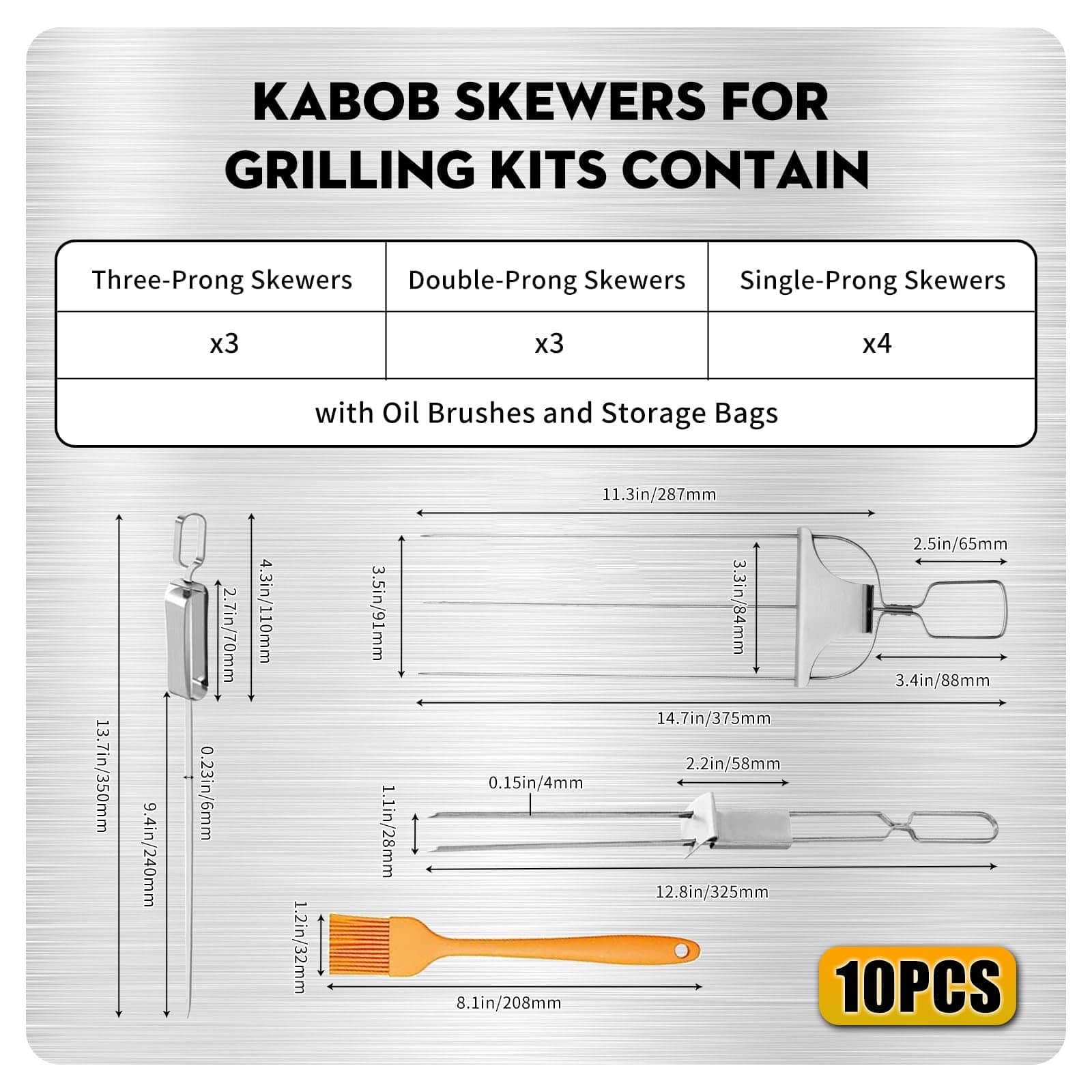 (10PCS)3PCS 3-Prong Skewers for Grilling, 3PCS Double and - Imagen 3