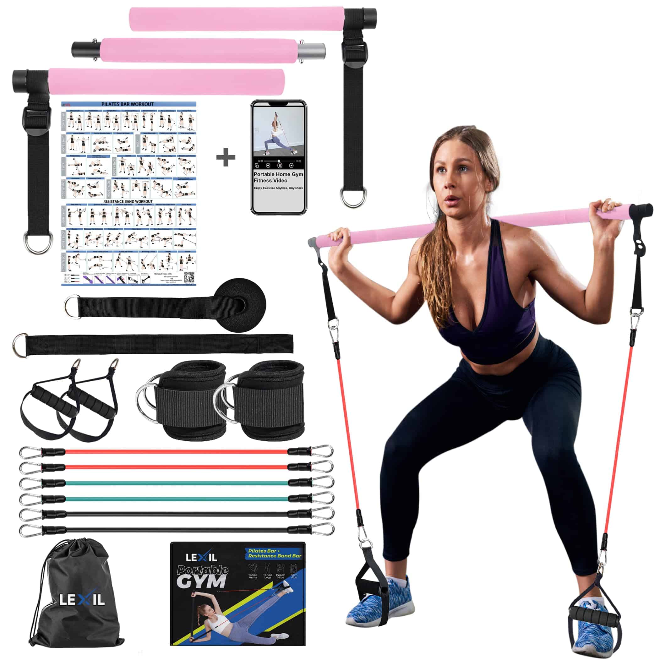 Kit de Barra de Pilates con Bandas de -Multifuncional (Rosa)