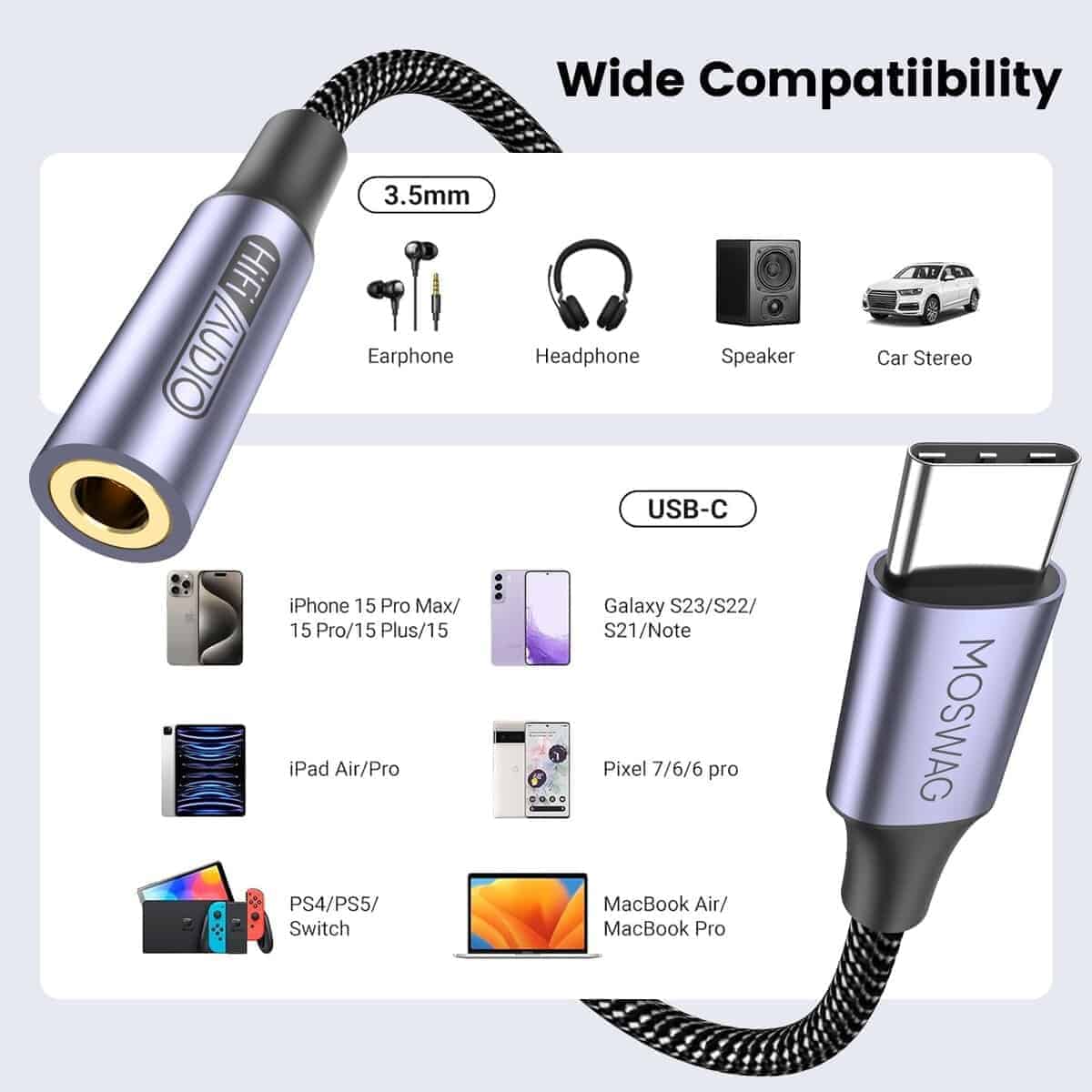 Adaptador de Jack de Audio USB Tipo C a 3.5mm MOSWAG, Cable - Imagen 7