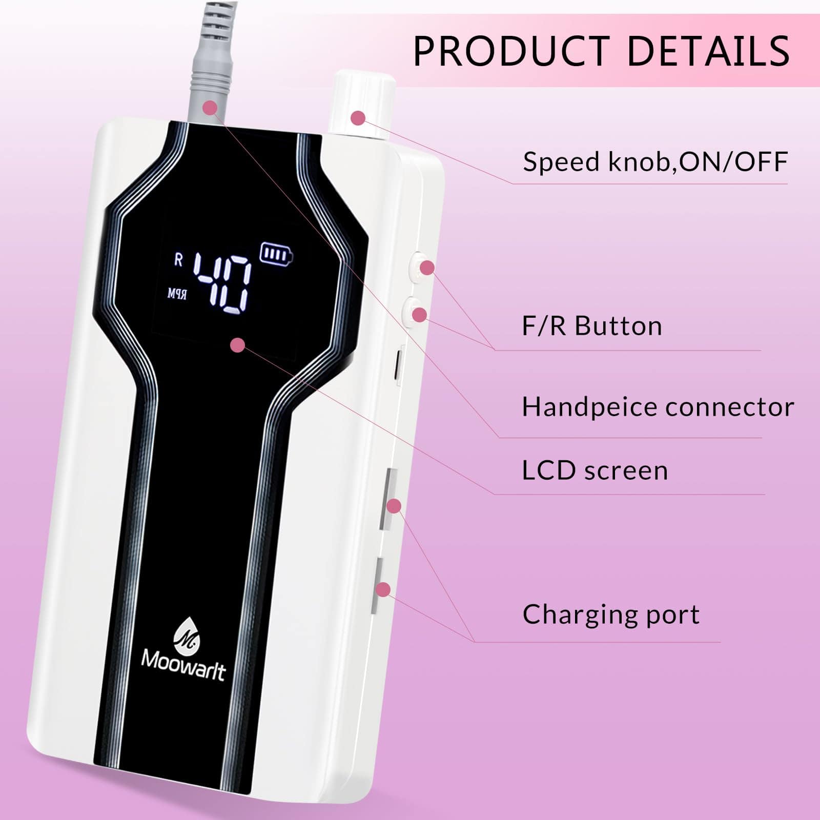 Taladro de uñas profesional Moowarlt 40000RPM, lima - Imagen 8