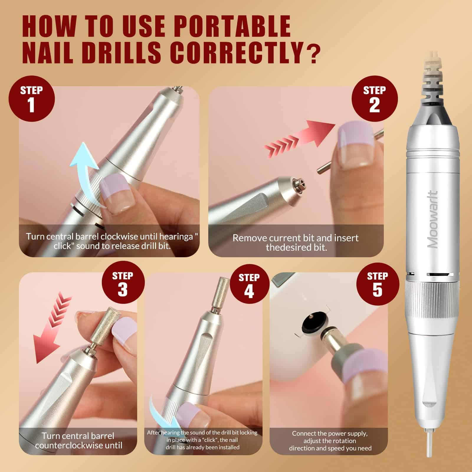 Taladro de uñas profesional Moowarlt 40000RPM, lima - Imagen 4