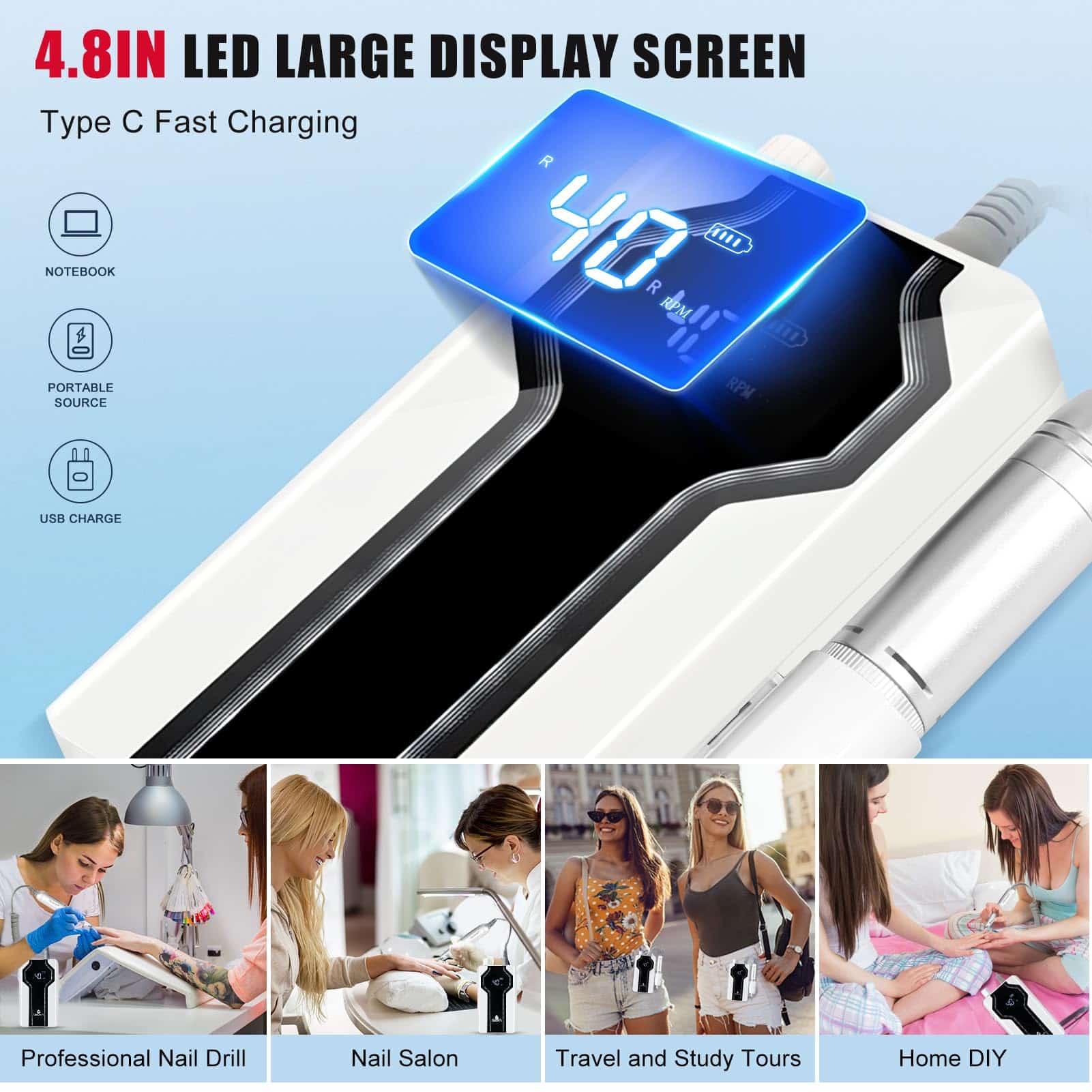 Taladro de uñas profesional Moowarlt 40000RPM, lima - Imagen 6