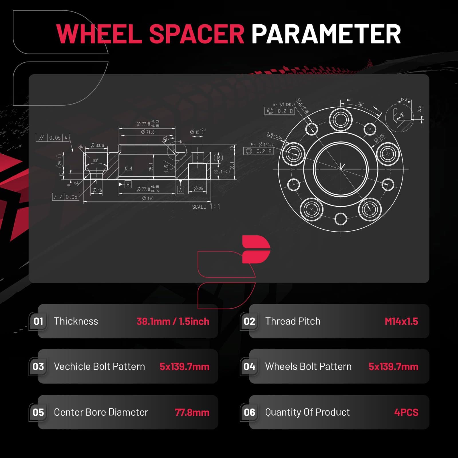 BDFHYK Separadores de rueda de 5x139.7mm 1.5 pulgadas - Imagen 4