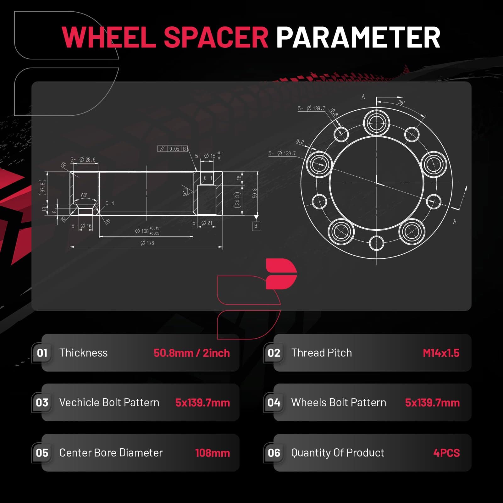 Espaciadores de Rueda BDFHYK 5x139.7mm 2 pulgadas - Imagen 4