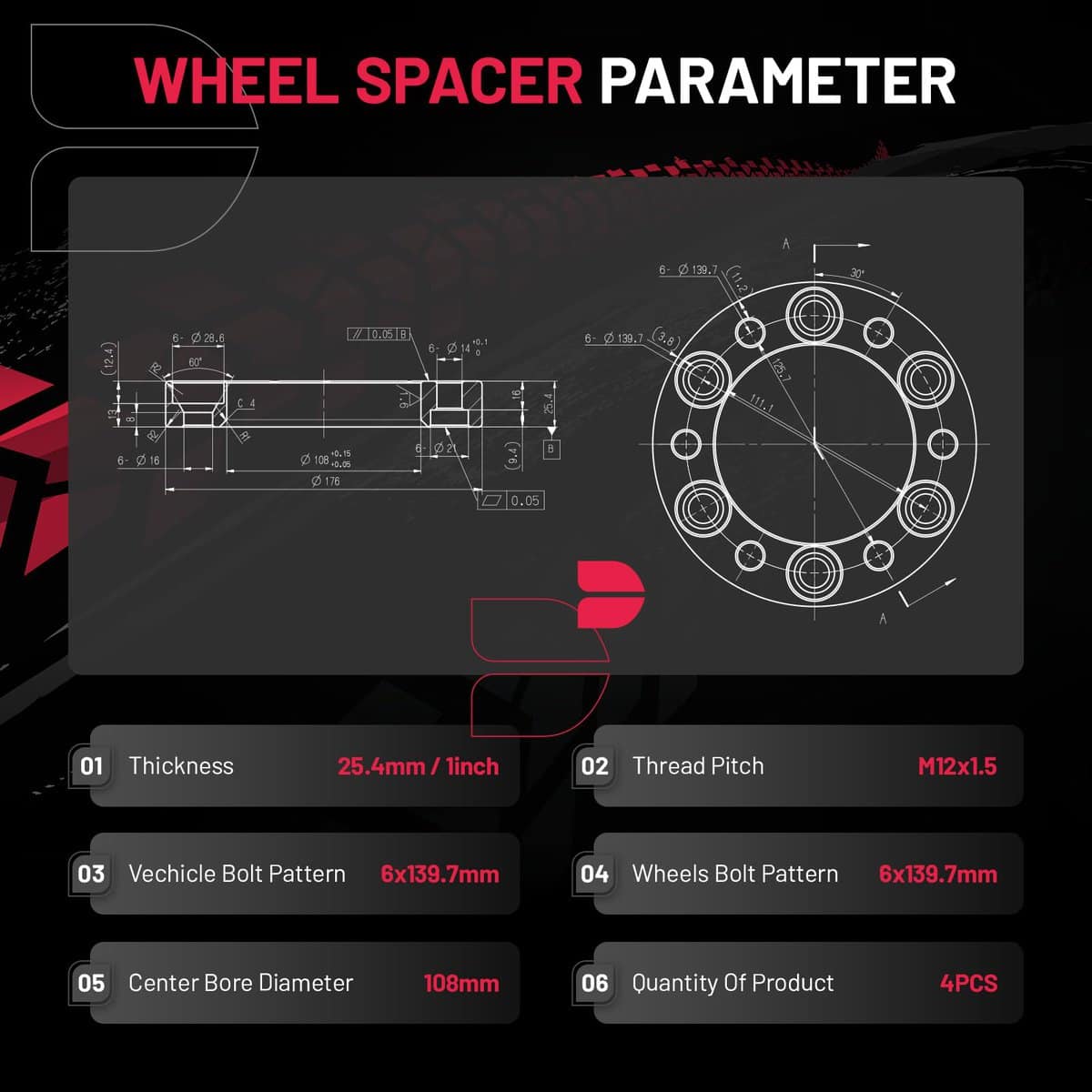 Espaciadores de Rueda BDFHYK 6x139.7mm de 1 pulgada - - Imagen 4