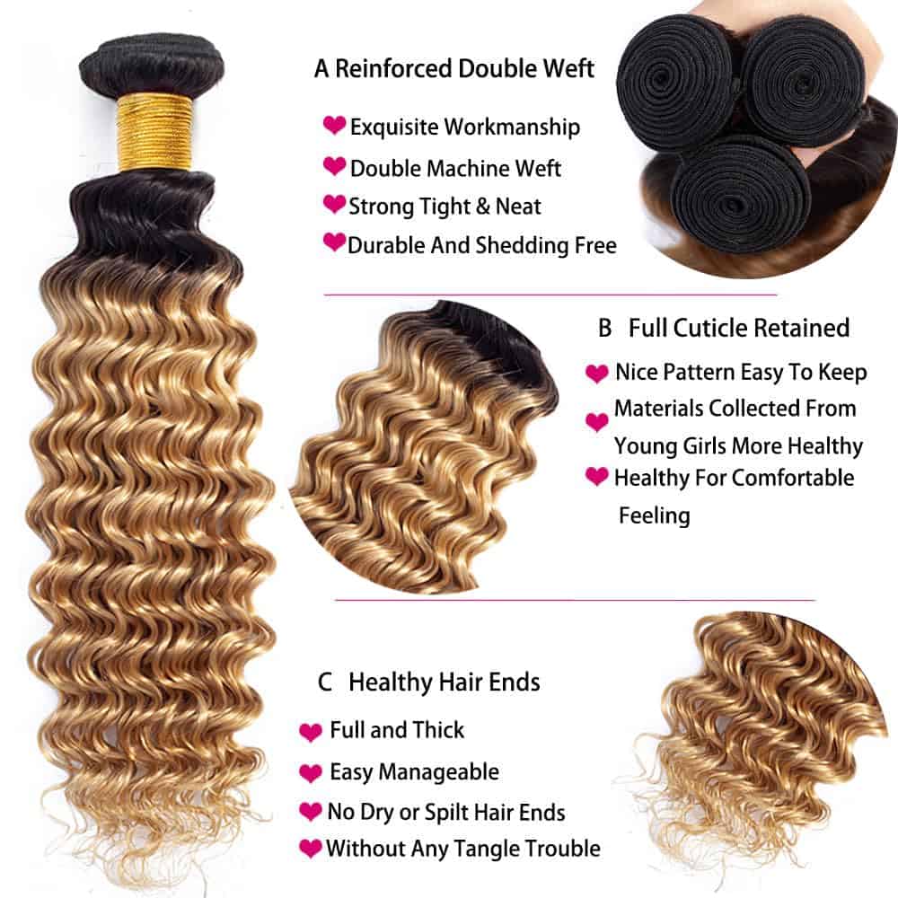 Paquetes de Onda Profunda Rubia Miel #1B/27 Cabello Humano - Imagen 4