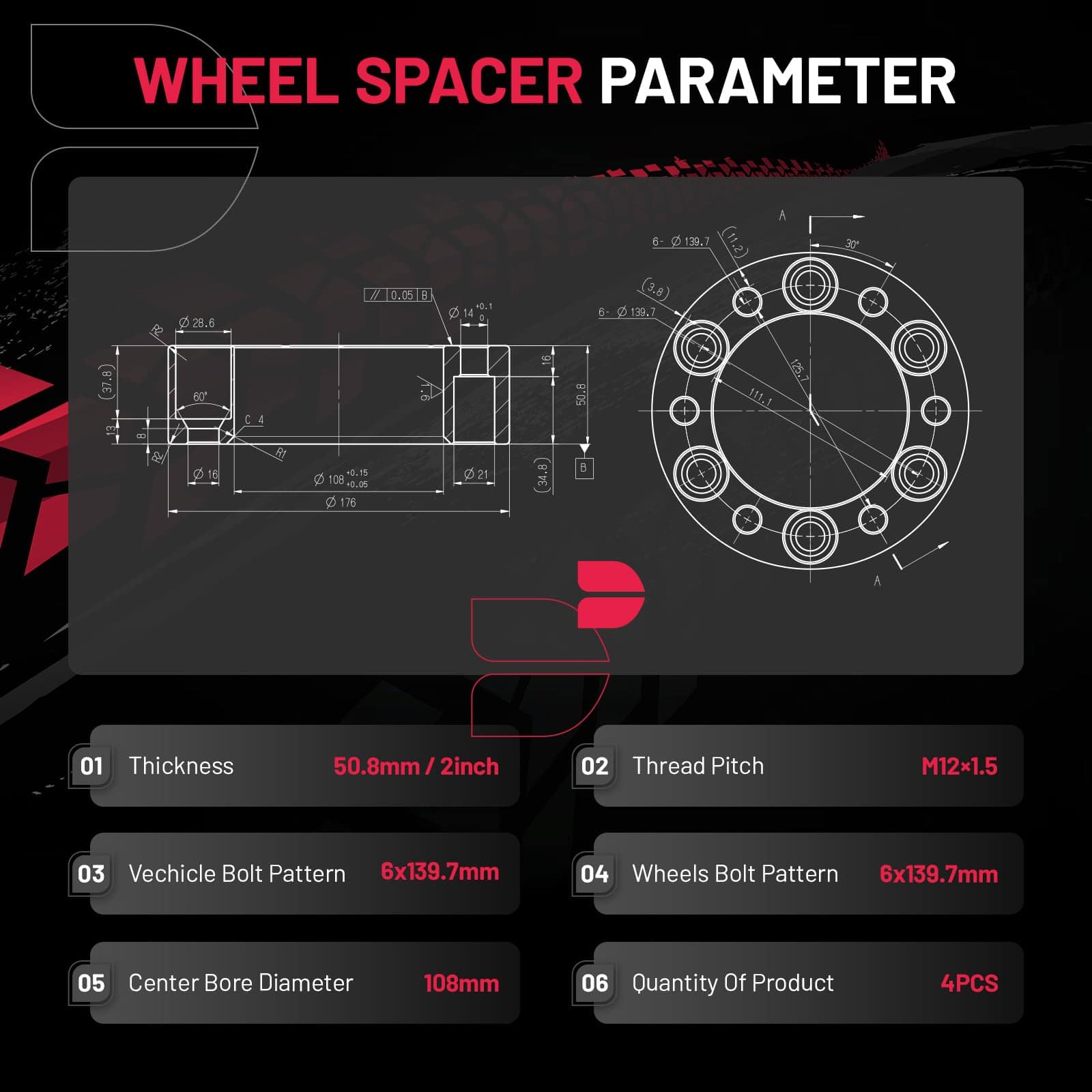 BDFHYK Separadores de Rueda 6x139.7mm 2 pulgadas 6x5.5 - Imagen 4
