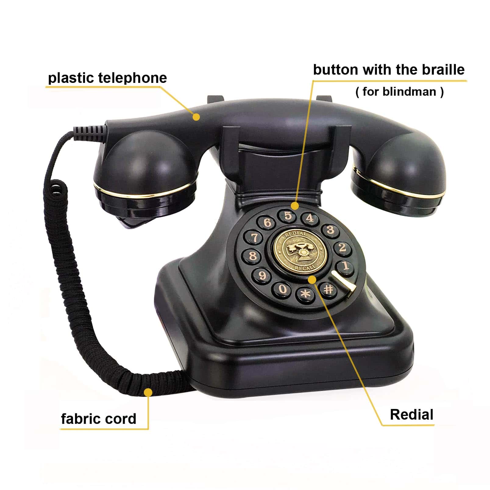 Teléfono Fijo Retro para Hogar, TelPal con Cable Negro, - Imagen 4