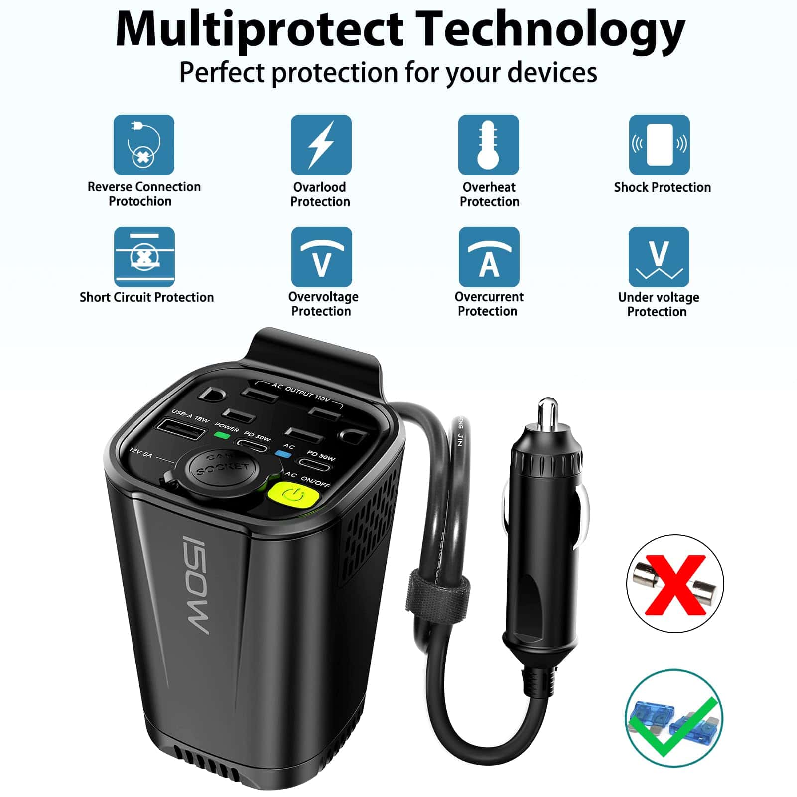 Inversor de corriente para automóvil YIXXI 150W, Adaptador - Imagen 5