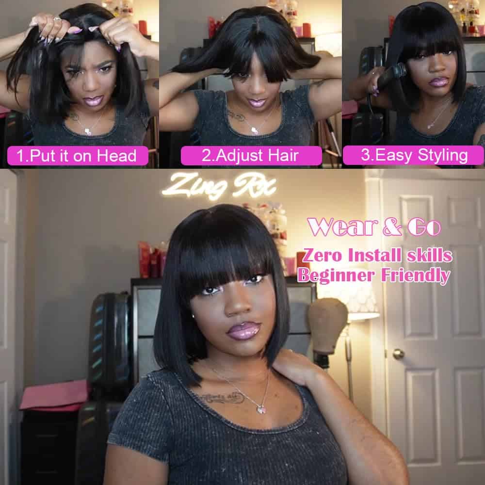 Pelucas de Bob Corto de Cabello Humano con Flequillo Recto - Imagen 8