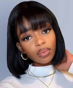 Pelucas de Cabello Humano Corto Mofyue con Flequillo Recto