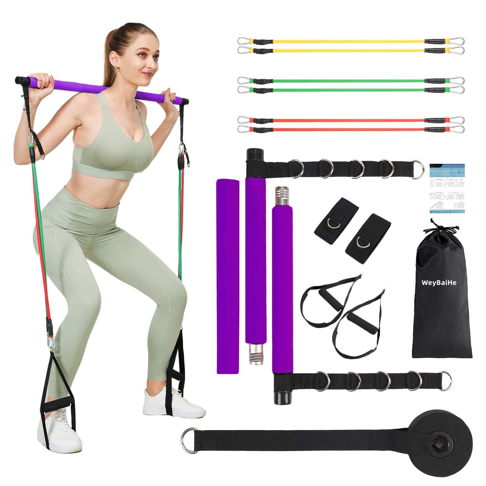Kit de Barra de Pilates con Bandas de -Morado-75LBS