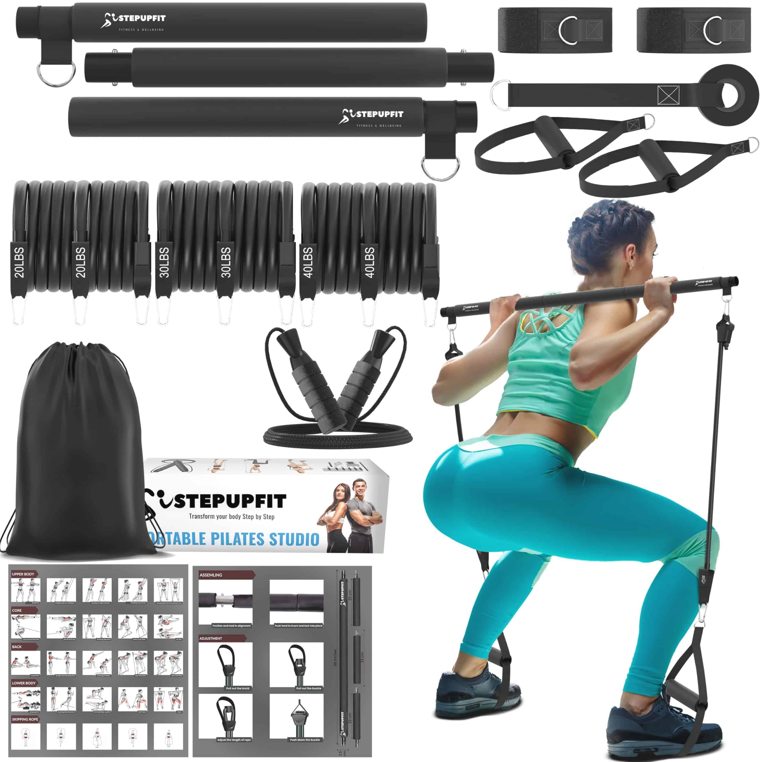 Kit de Barra de Pilates con 6 Bandas de Resistencia