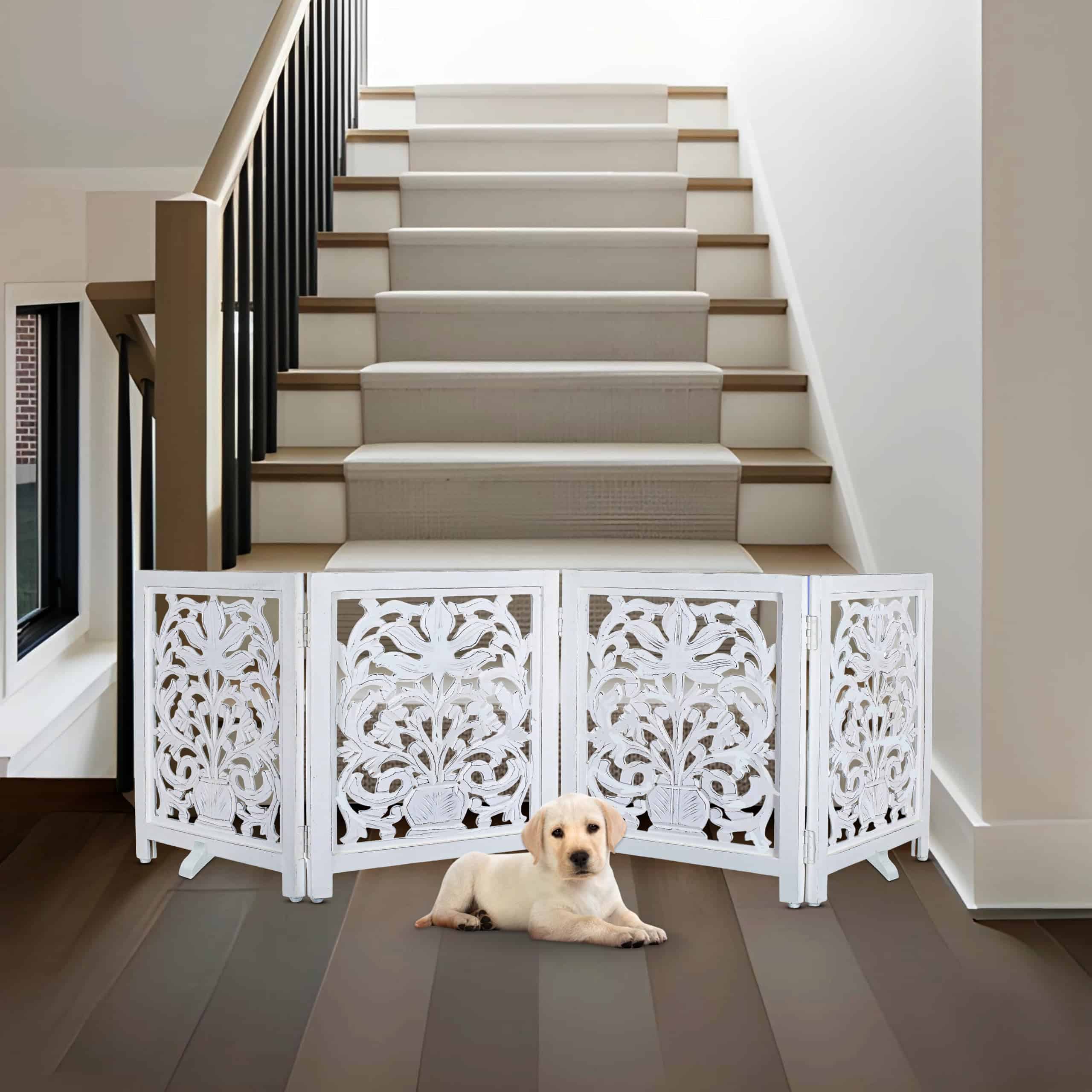 Barrera de mascotas plegable de madera tallada Goroly Home