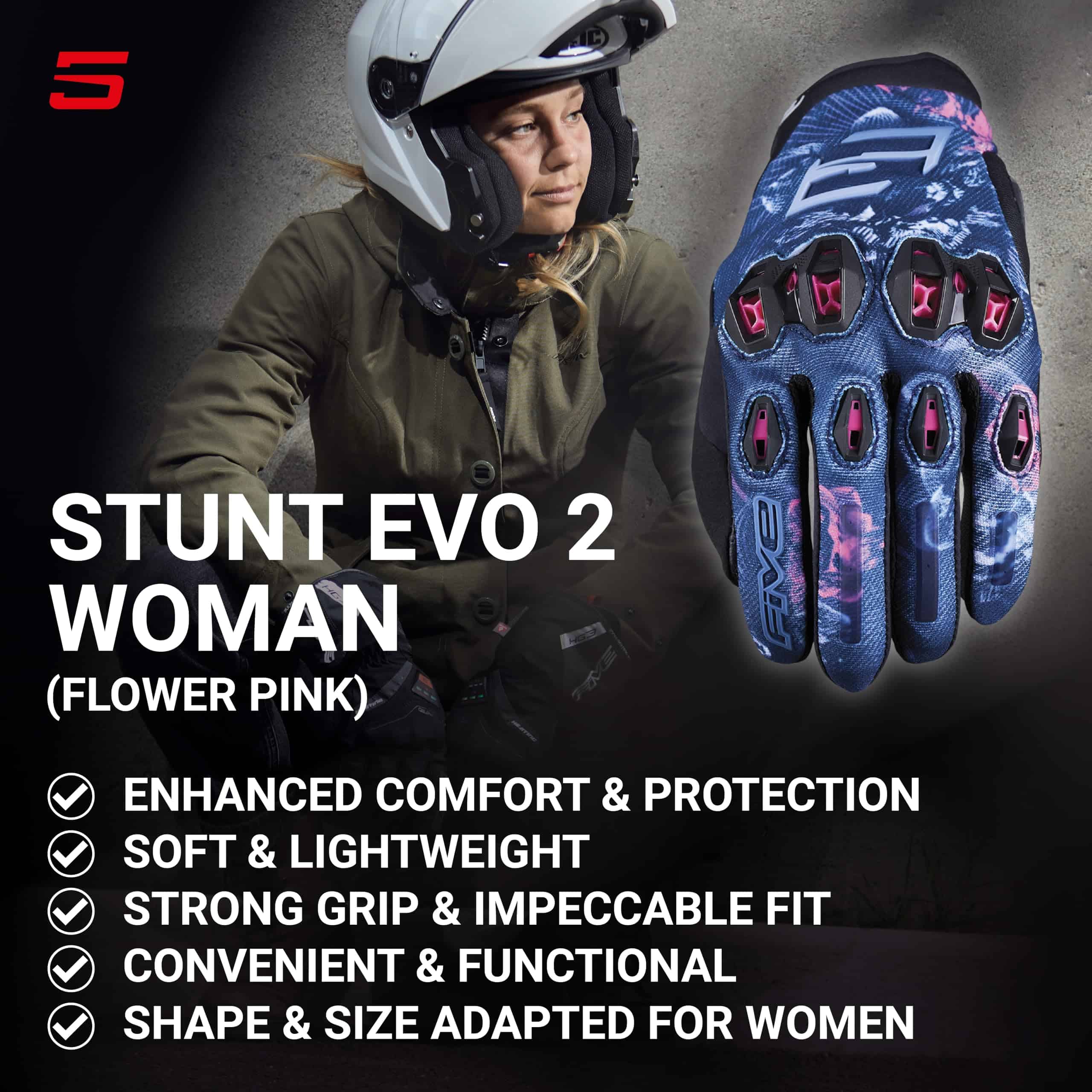 Guantes de Moto FIVE GLOVES Stunt EVO 2 -Rosa Flor - Imagen 3