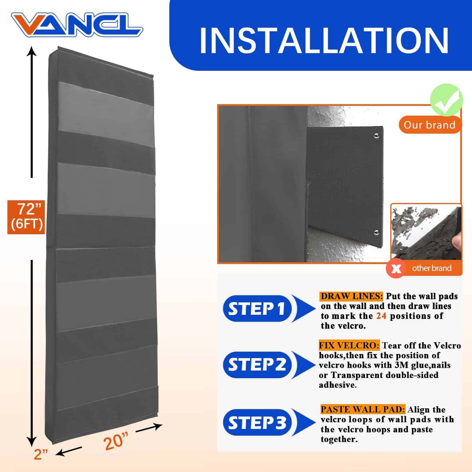 VANCL 72" Wall Padding Grey Wall Mats for Gym 2x6 Wall Pad - Imagen 3