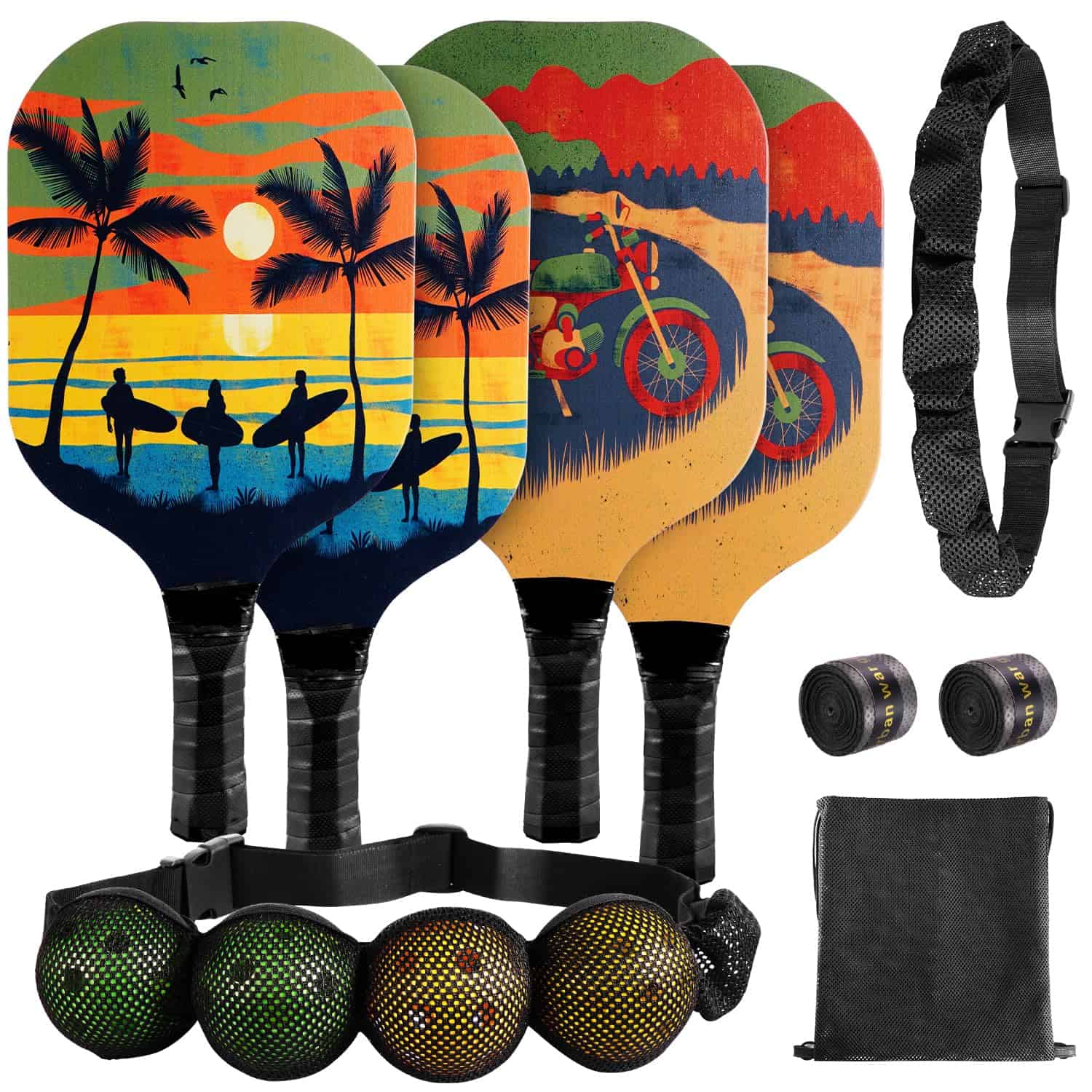 Set de 4 Palas de Pickleball con 4 Palas de Madera Premium