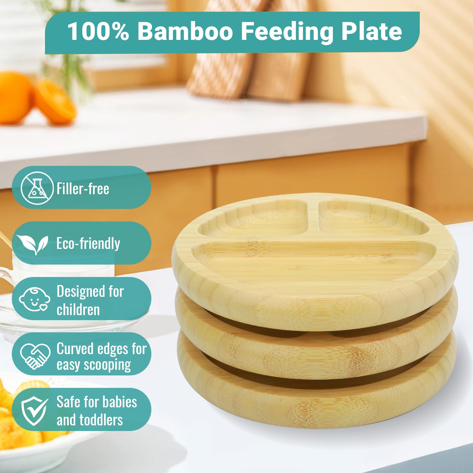 3 Platos de succión de bambú para bebés y niños pequeños - - Imagen 5