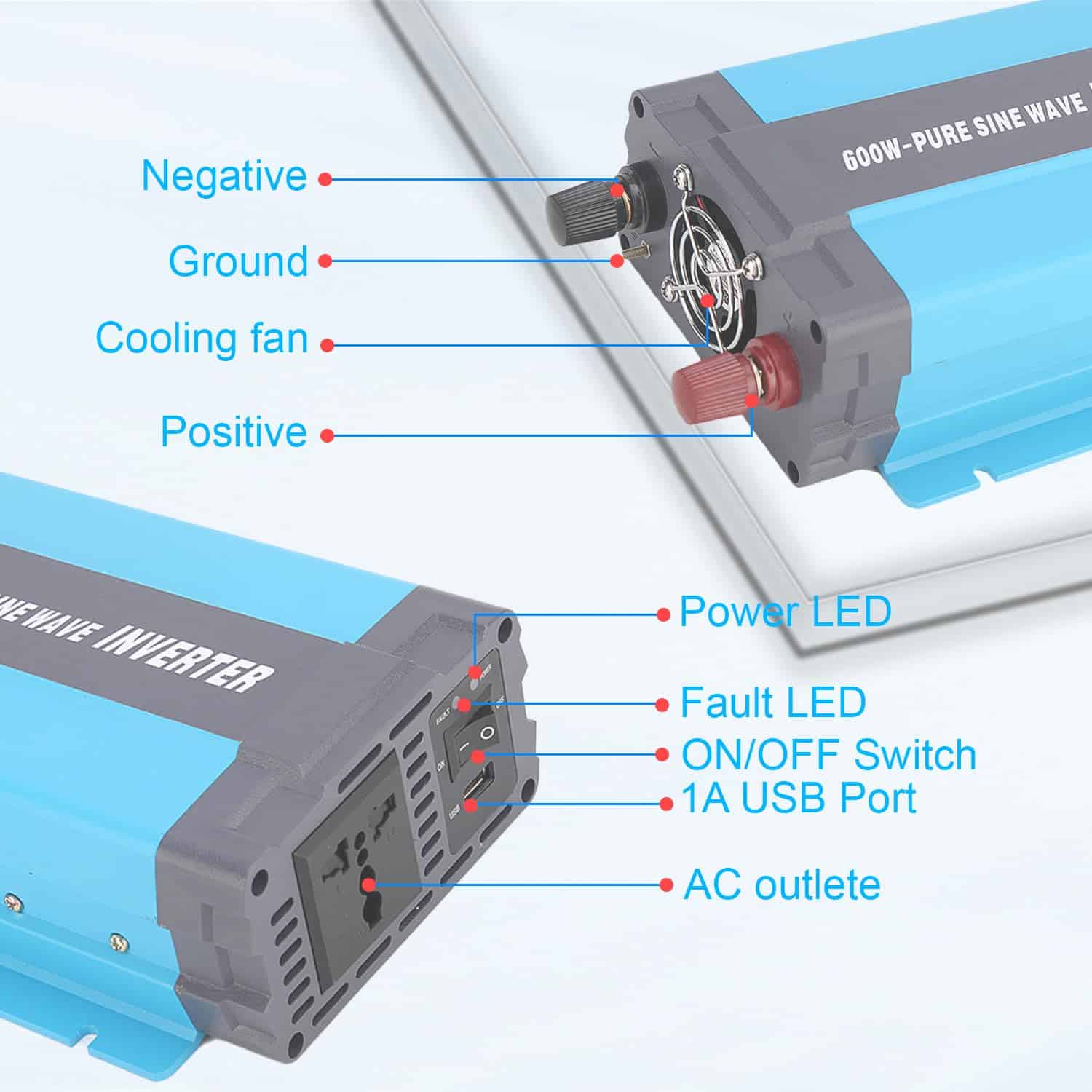 Inversor de Onda Sinusoidal Pura iSunergy 600W 12V DC a - Imagen 3