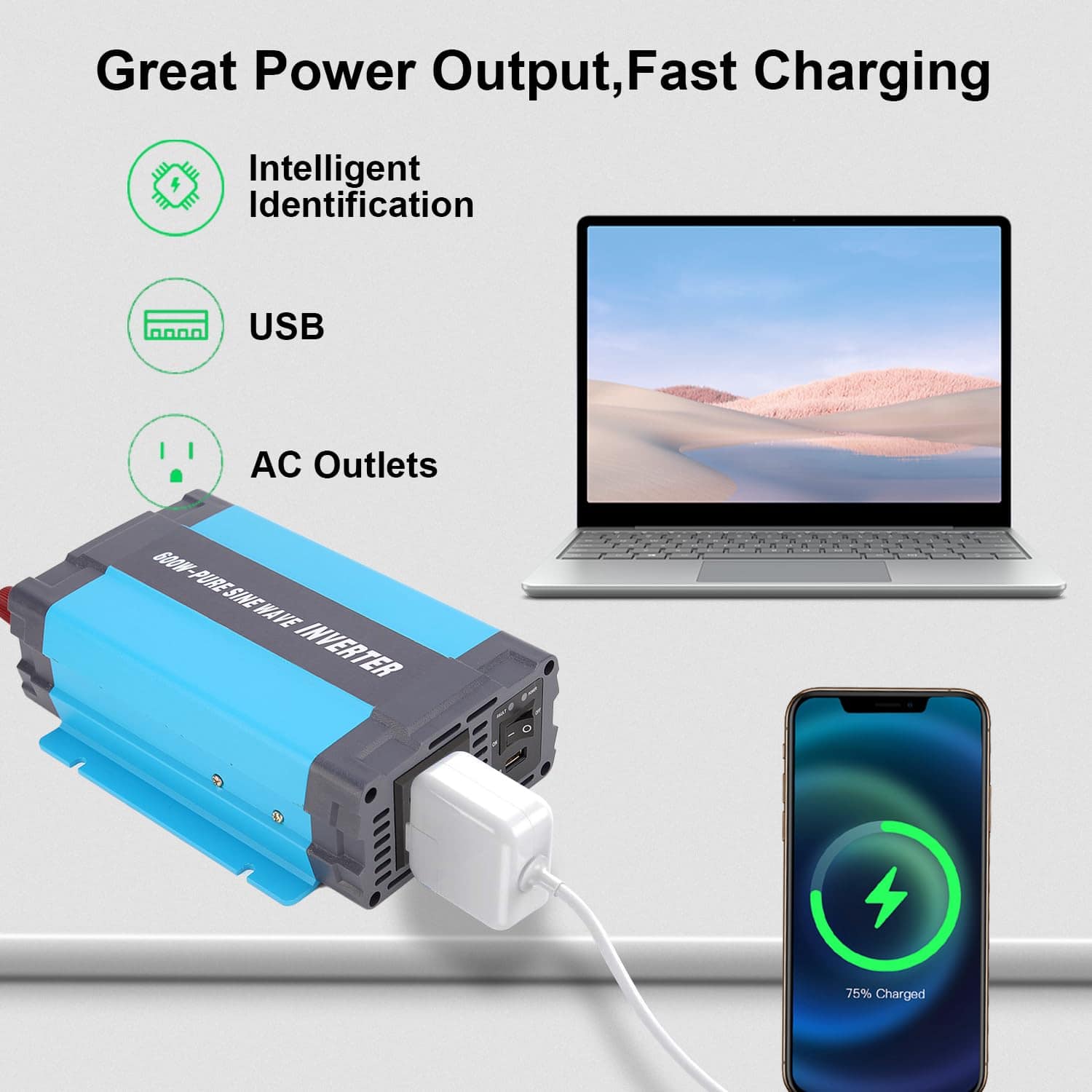 Inversor de Onda Sinusoidal Pura iSunergy 600W 12V DC a - Imagen 7
