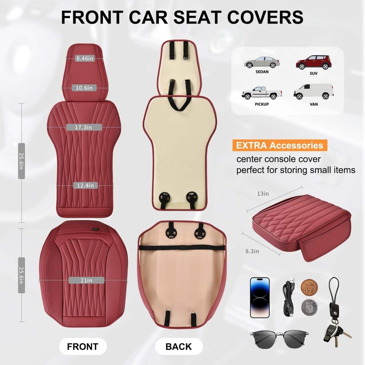 Cubiertas de asiento delantero de cuero BWTJF color rojo - Imagen 4