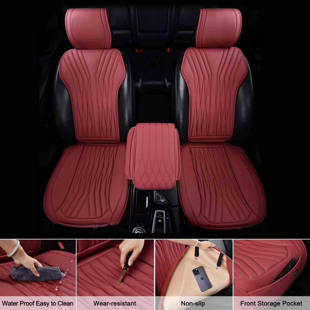 Cubiertas de asiento delantero de cuero BWTJF color rojo - Imagen 3