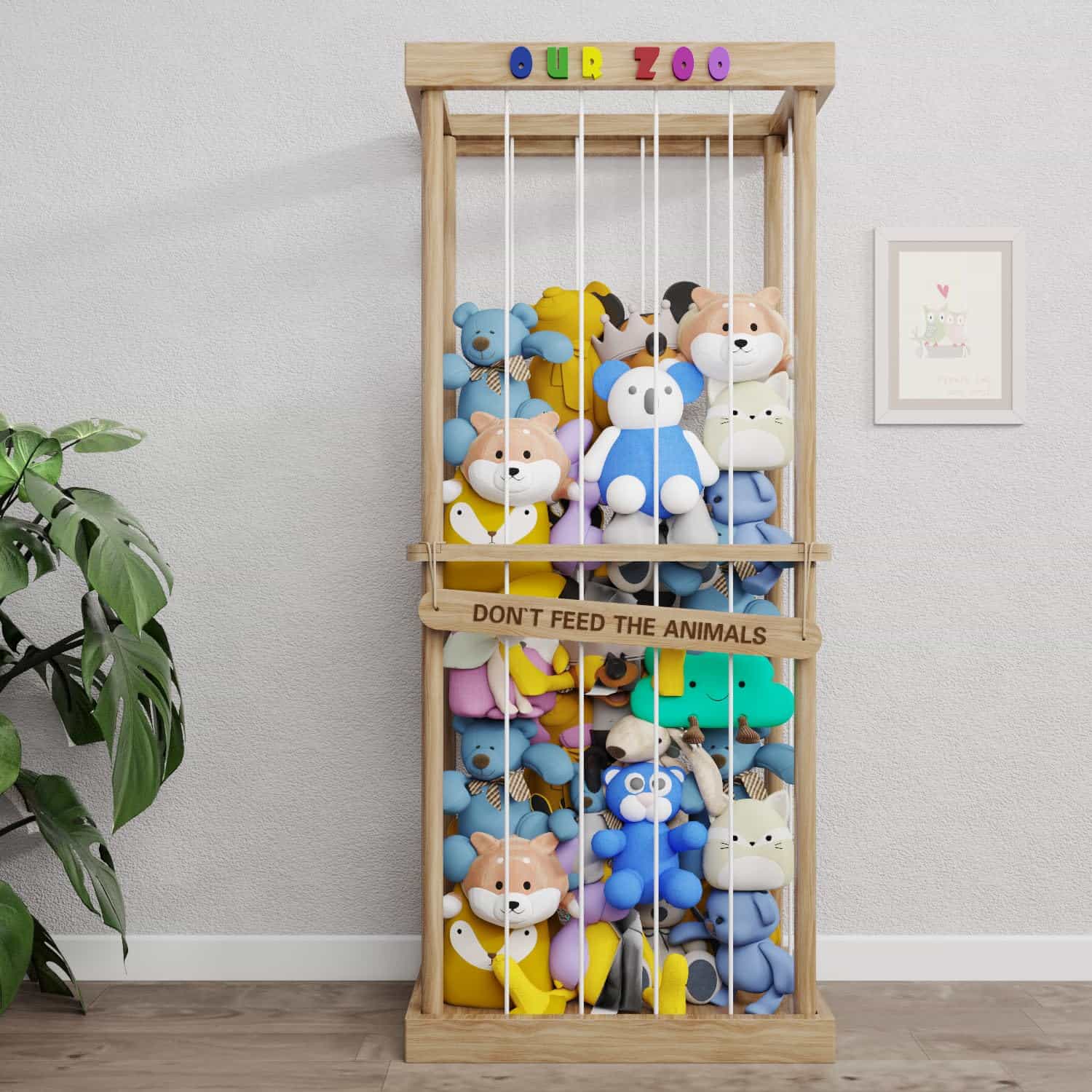 Organizador de almacenamiento de peluches de madera, diseño