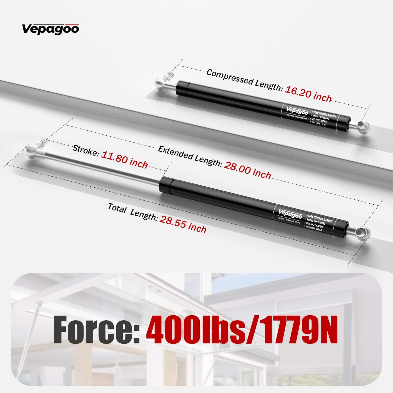 Vepagoo 28 Pulgadas Resortes de Gas 400Lb/1779N Soporte de - Imagen 3