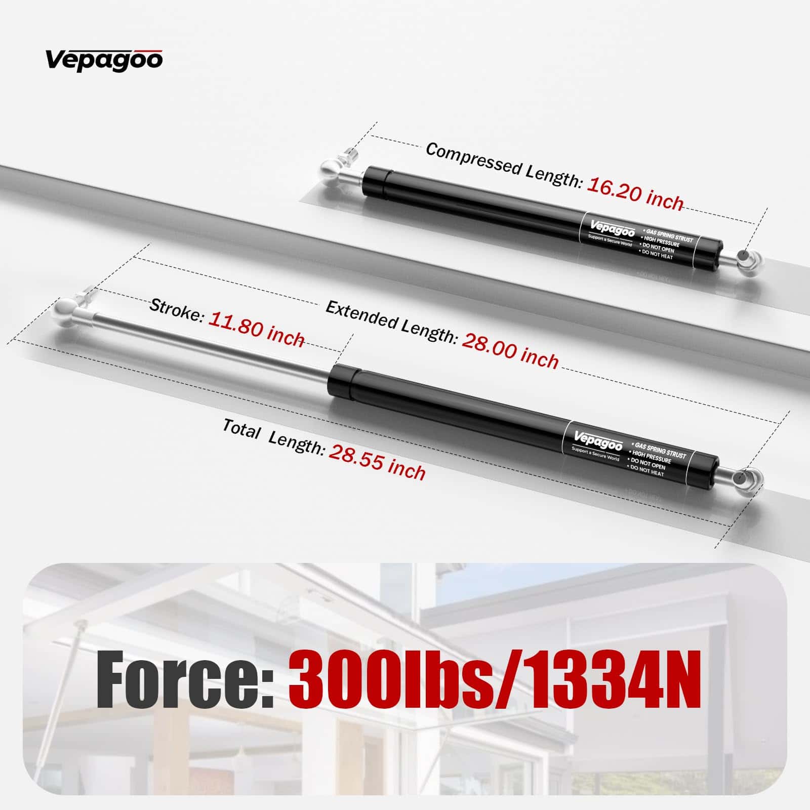 Vepagoo 28 Pulgadas Gas Strut 300 lb/1334N Resorte de - Imagen 3