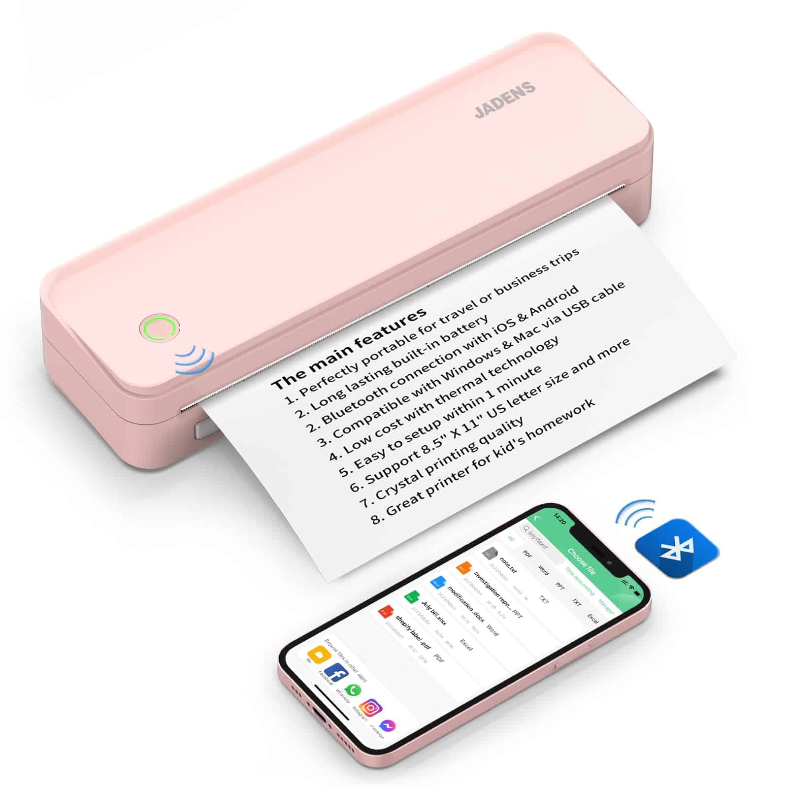 Impresora Térmica Bluetooth JADENS Rosa, Soporte para Papel