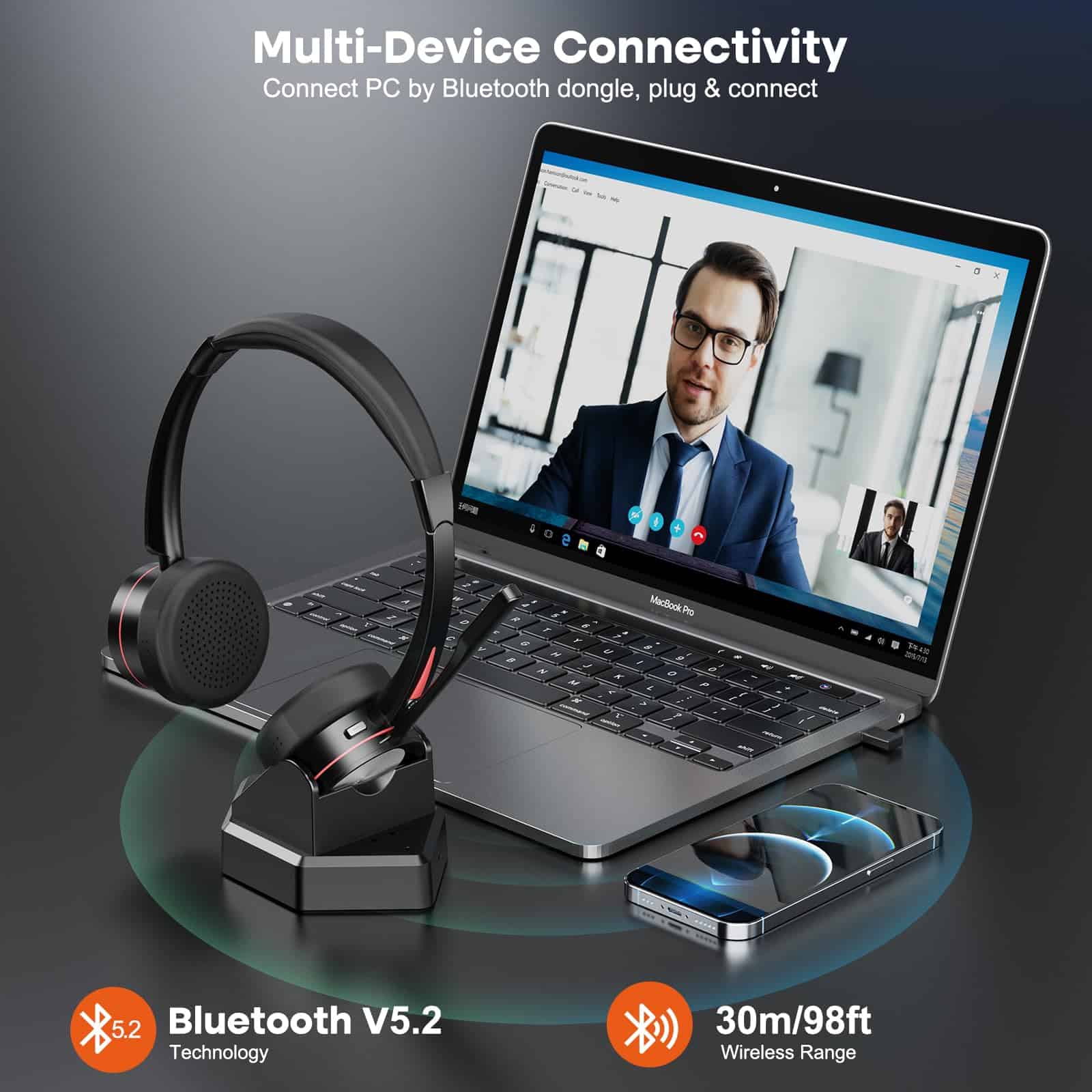 Auriculares Inalámbricos Stereo con Micrófono para PC, - Imagen 6
