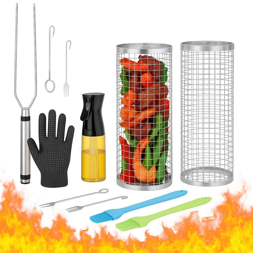 Cesta de parrilla redonda con rodillo para asar al aire