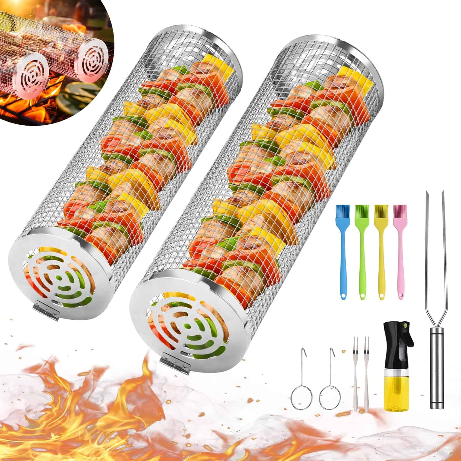 Canasta para parrilla, cestas de parrilla rodantes, malla