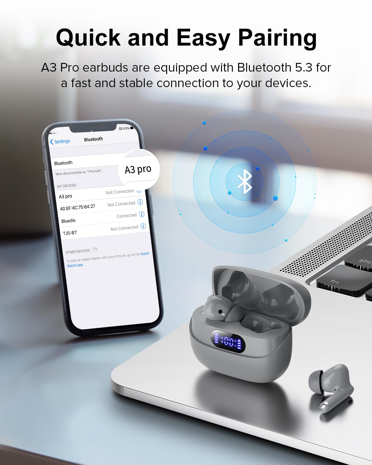 TUMJUN Auriculares inalámbricos, 42H Tiempo de -Gris - Imagen 4