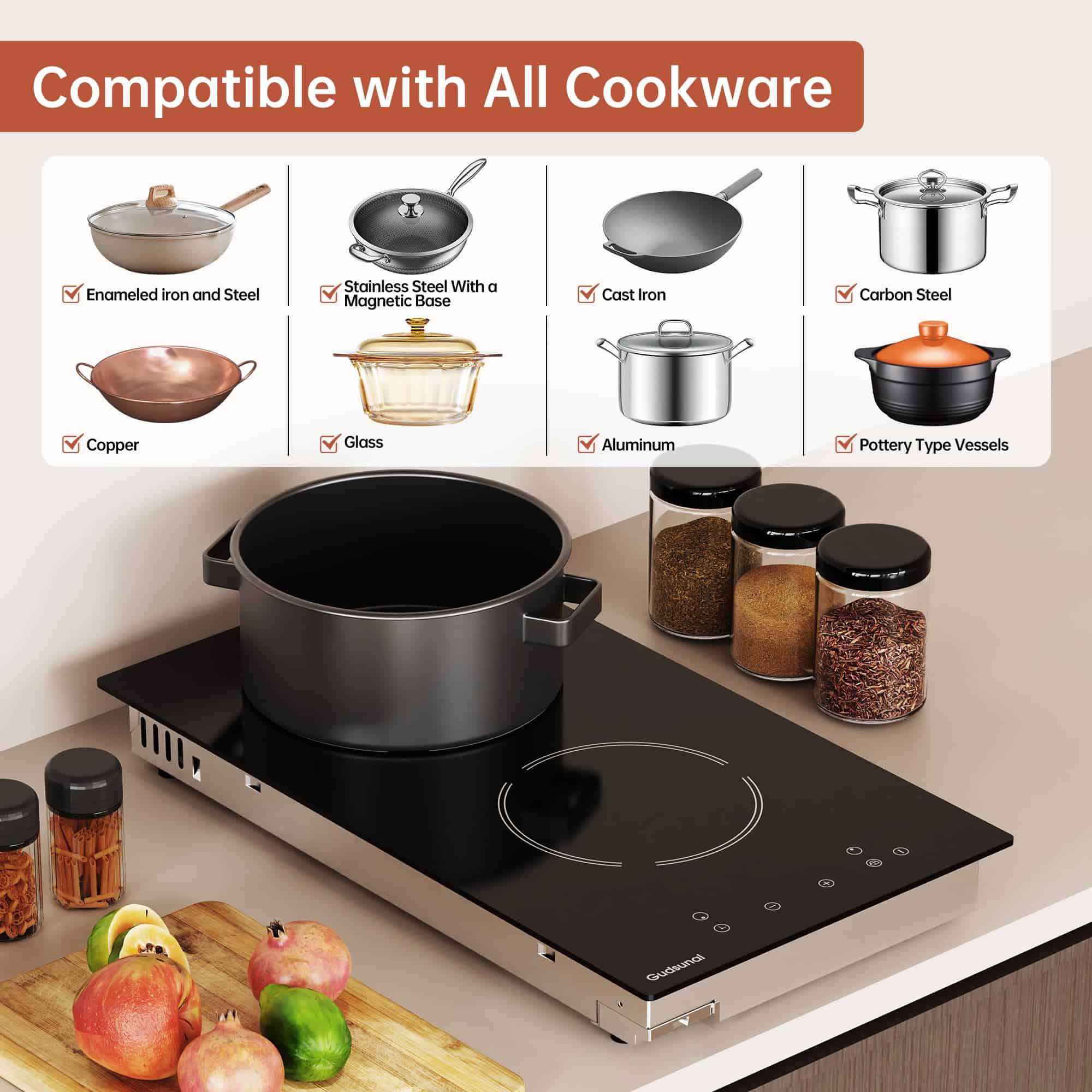 Gudsunal 2 Burner Electric Cooktop, 2000 Watt, 110V con - Imagen 7