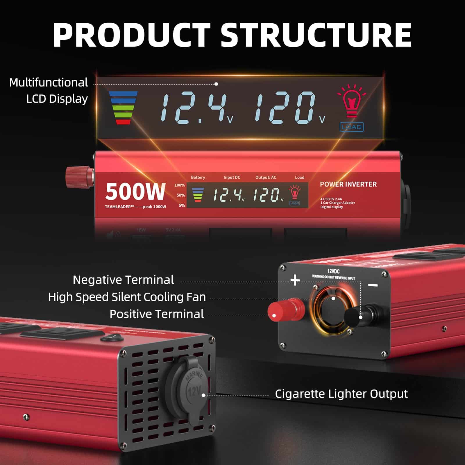 Inversor de Corriente TEAMLEADER 500W 12V DC a 110V/120V - Imagen 9