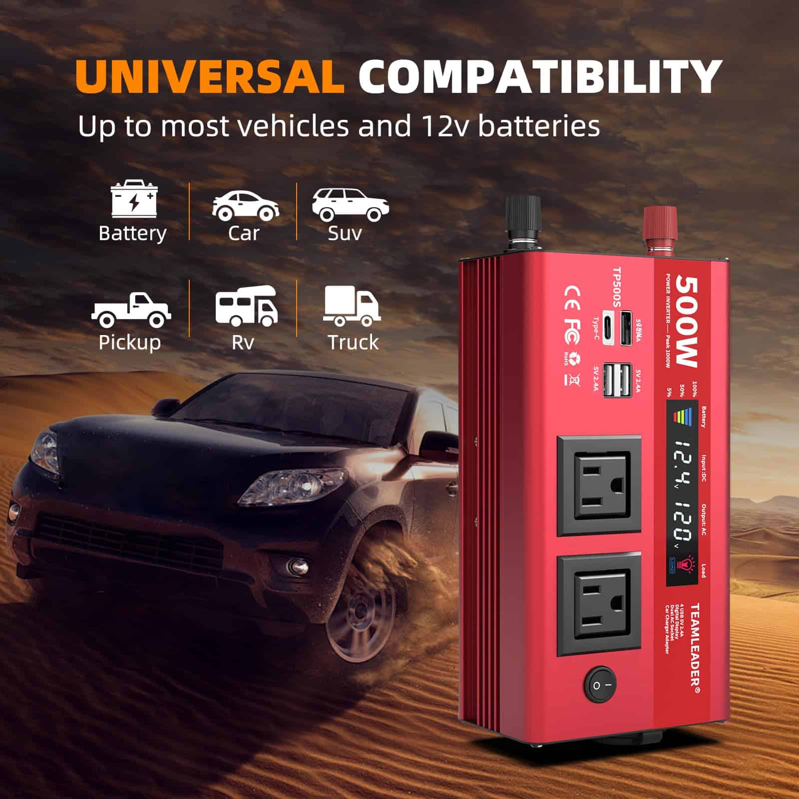 Inversor de Corriente TEAMLEADER 500W 12V DC a 110V/120V - Imagen 3