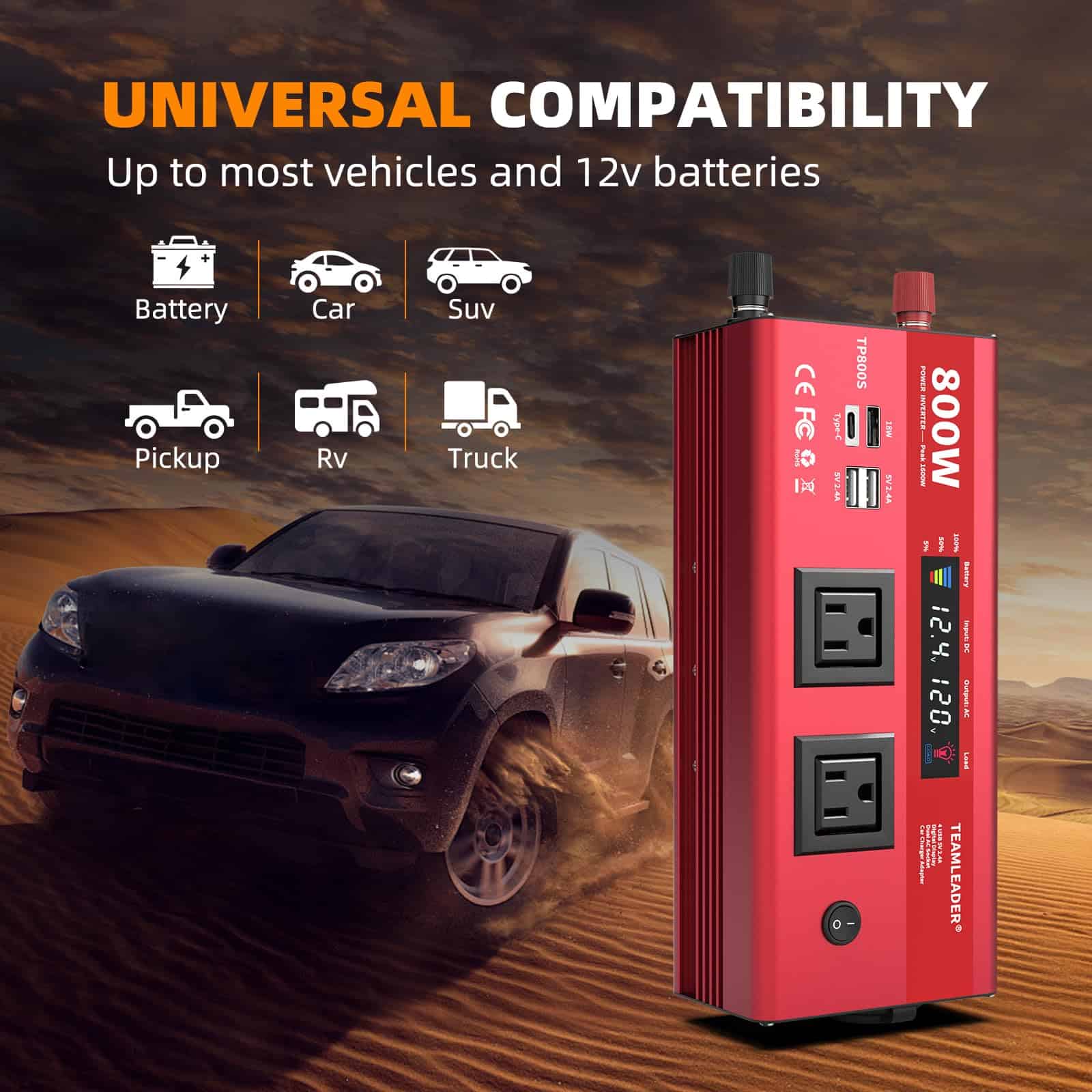 Inversor de corriente TEAMLEADER 800W de 12V DC a 110V AC - Imagen 4