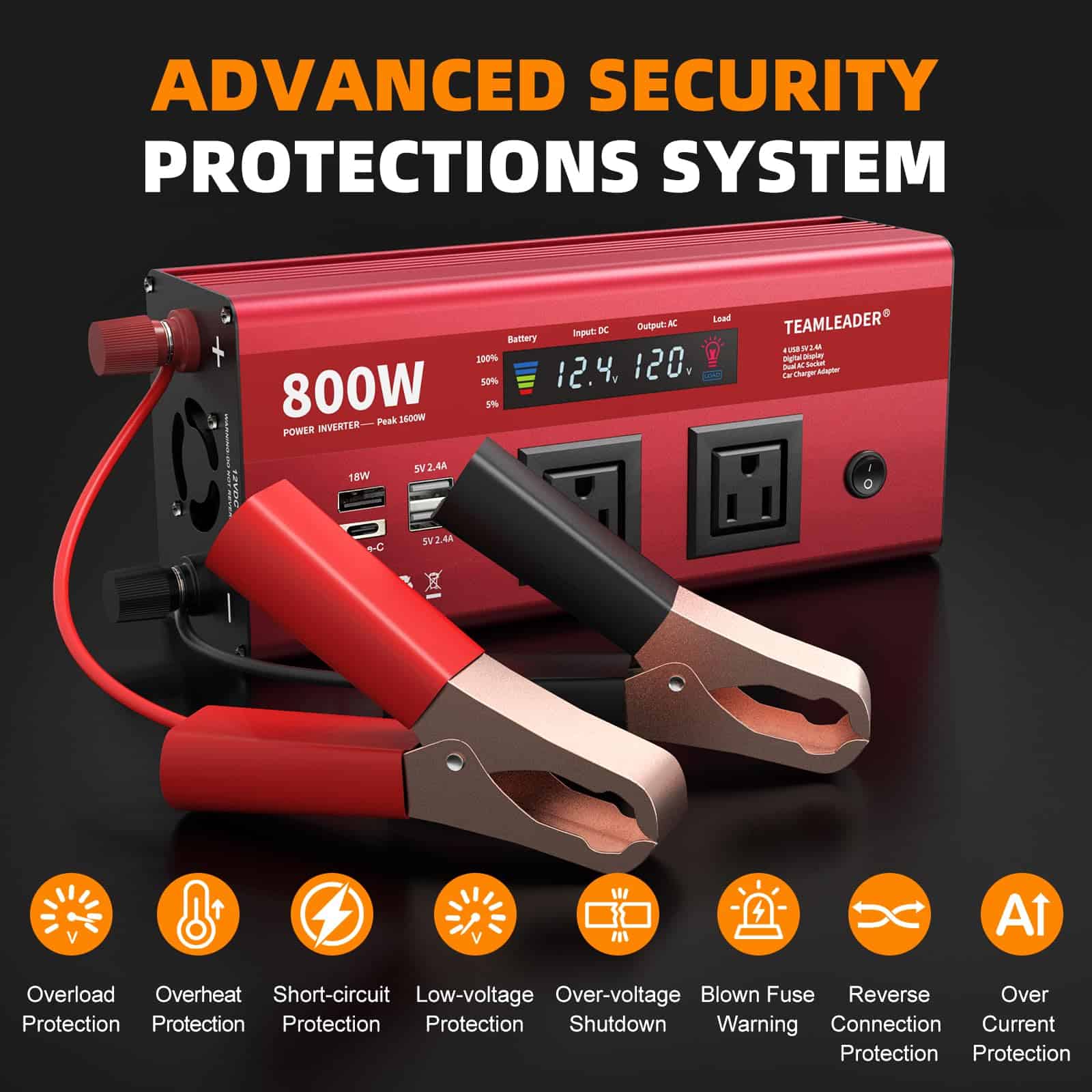 Inversor de corriente TEAMLEADER 800W de 12V DC a 110V AC - Imagen 5