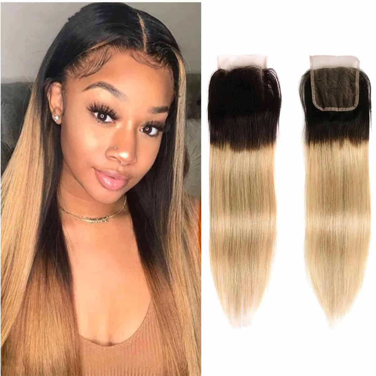 Cierre de encaje 4x4 de ombre brasileño 1B 27 100% cabello